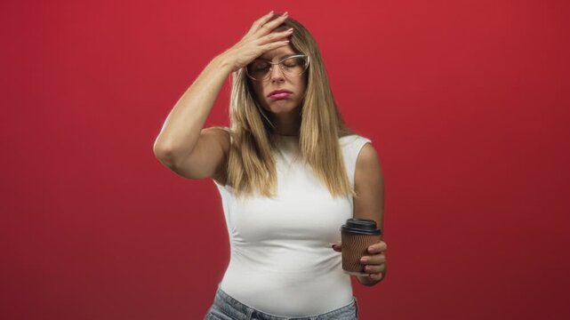 Woman holding takeaway coffee cup with hand on forehead and pouting mouth against red studio wall; relatable frustration.
