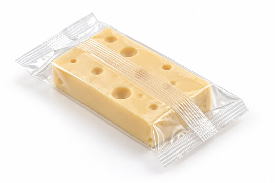 Block of emmental cheese with holes in a transparent flow pack with fin seal, flow wrap film packaging on a white background