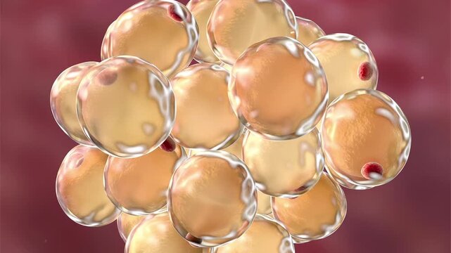 Adipocytes, 3D animation of fat cells with large lipid droplets and peripheral nuclei in adipose tissue.