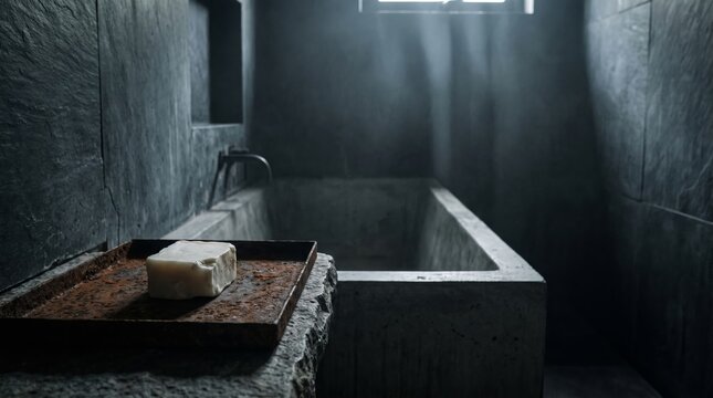 Natural soap bar rests on a rusty iron tray inside a moody concrete washroom.