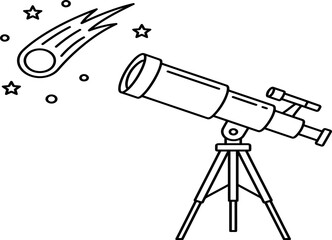 Telescope viewing comet in black and white line art vector graphic for astronomy educational purpose. © Nahid