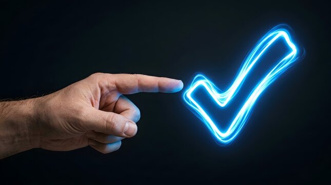 Male Hand Pointing at Glowing Blue Neon Checkmark Symbol on Dark Background, Concept of Success, Approval, Task Completion, Quality Assurance, and Digital Verification Interface.
