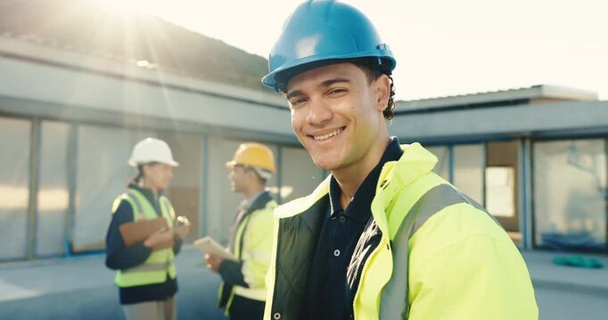Face, man and happy on site for construction contractor, electrical phase and property renovation. Project lead, electrician or pride outdoor for remodeling contract, building development or industry