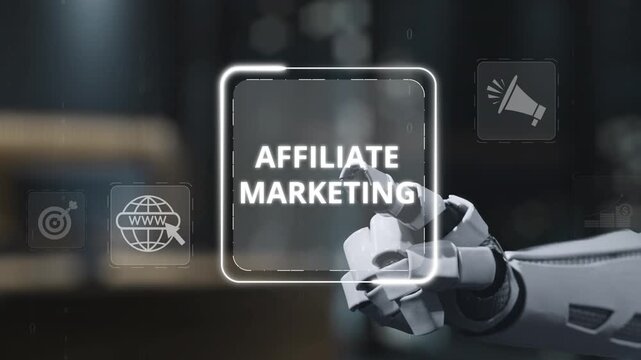 illustrates the concept of affiliate marketing with a robotic hand interacting with digital icons, symbolizing innovative online business strategies and marketing solutions. Salient