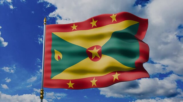 Grenada Flag Waving Against Blue Sky