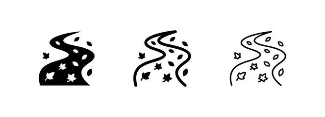 Obraz premium Winding autumn path with fallen leaves icon set. Fall season, nature walk, and park scenery symbol.