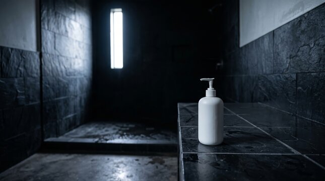 White soap dispenser resting on dark tiled vanity in moody minimalist home shower.