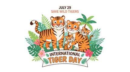 Fototapeta premium Cute Cartoon Tiger Family in Jungle Celebrating International Tiger Day