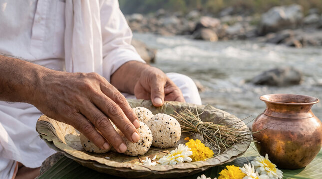 Rice offerings and sesame seeds used in Pitru Paksha ceremony