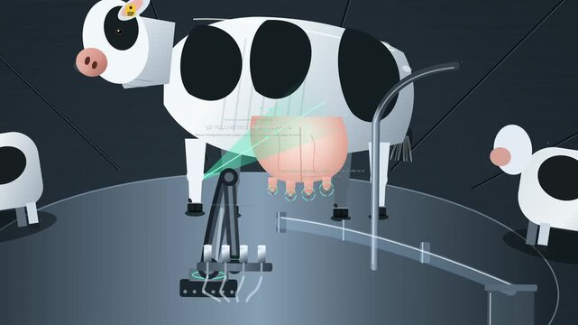2D animation of a high tech robotic rotary milking parlor for dairy cows Bos taurus featuring autonomous multi axis arms laser mapping and automated vacuum cup engagement for modern farm