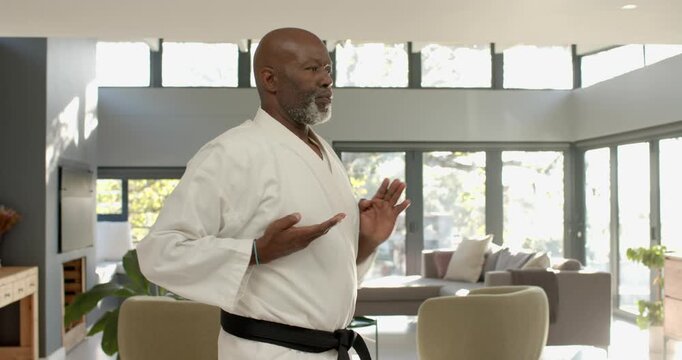 Lifestyle videos indoor of people doing activities at home, practicing martial arts, man in karate u