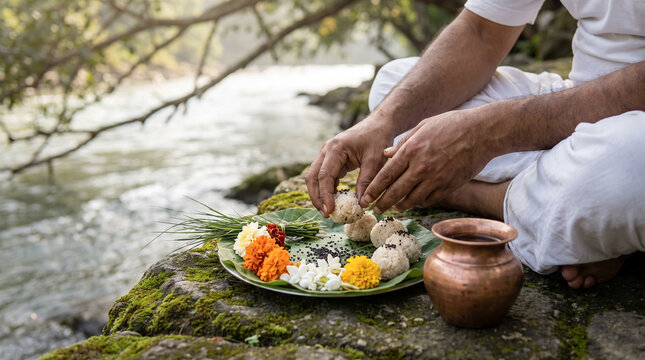 Close-up of Hindu ancestral offerings during Shraddha ritual