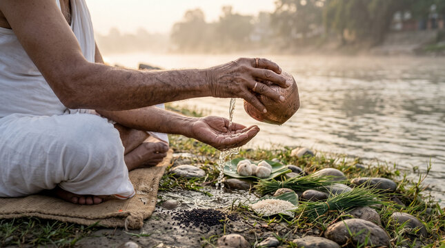 Traditional water offering to ancestors beside Indian river