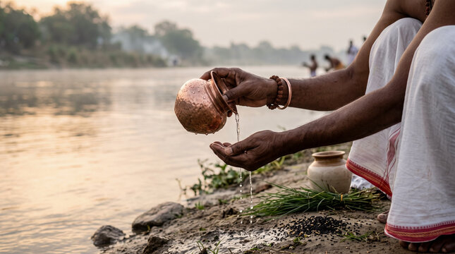 Pitru Paksha water offering ritual for ancestral remembrance