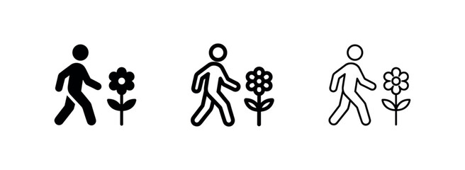 Obraz premium Person Walking with Flower Icon Set, Man Walking in Garden with Bloom Symbol, Nature Walk with Floral Element Vector Icons