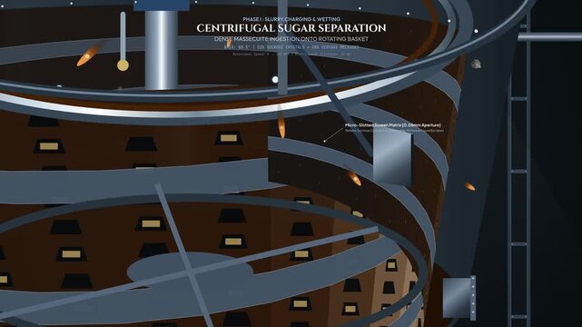 Educational animation detailing the industrial centrifugal sugar extraction process, illustrating the mechanical separation of sucrose crystals from molasses using high rotational g-force and water