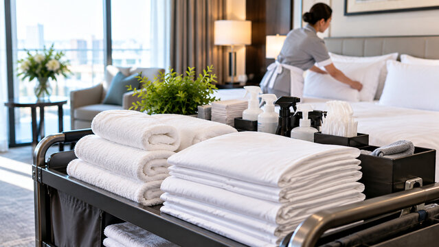 hotel housekeeper making bed with fresh linens and cleaning supplies in modern guest room