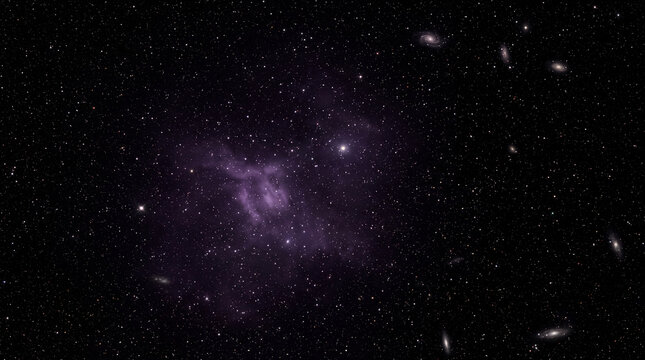 Cosmic Tapestry: A distant nebula glows with ethereal purple light against the vast expanse of the star-studded cosmos, with faint galaxies scattered throughout the infinite darkness.