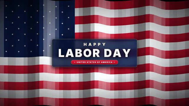 Happy labor day typography rippling across a see-through alpha-keyed backdrop with patriotic american flag textures for patriotic holiday promotions