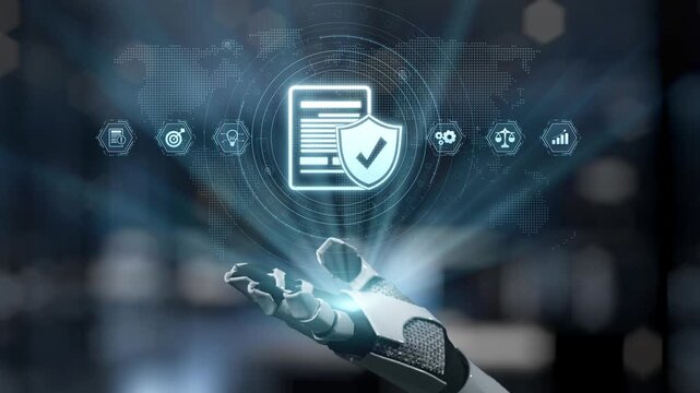 A futuristic robot hand reaches out, displaying icons that symbolize data security and protection in a modern digital landscape, highlighting technology advancements and innovation. Salient