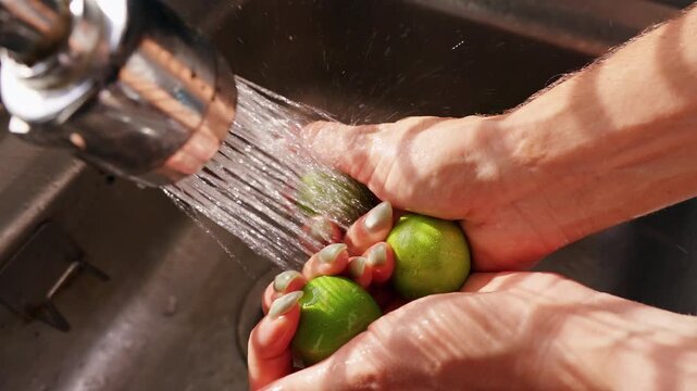 Close View of Female Hands Rinsing Fresh Green Limes under Spraying Water in Slow Motion, Clean Produce and Food Safety