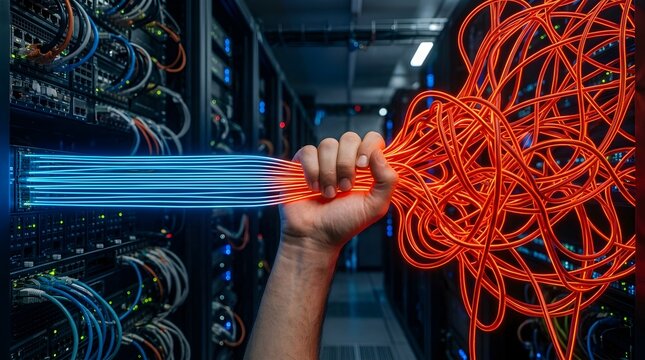 IT professional hand untangling messy glowing red network lines and transforming them into organized straight blue data cables in a high-tech server room background, technical troubleshooting concept