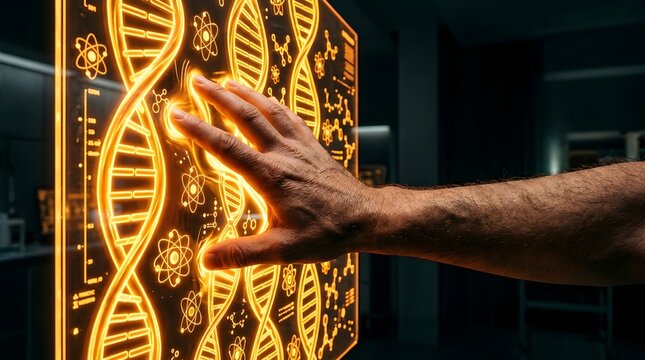 Close up of a hand touching a futuristic glowing interface with orange DNA double helix strands and atomic symbols, concept of biotechnology, genetic research, and human engineering in a lab.