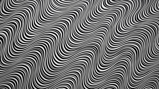 Op Art Illusion: An abstract, monochrome optical art pattern featuring a mesmerizing arrangement of black and white wavy lines creating a dynamic visual distortion.