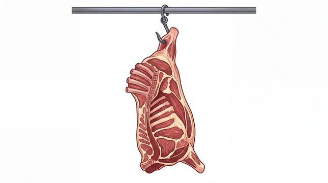 Fresh raw lamb meat carcass hanging from iron hook isolated in studio on white background