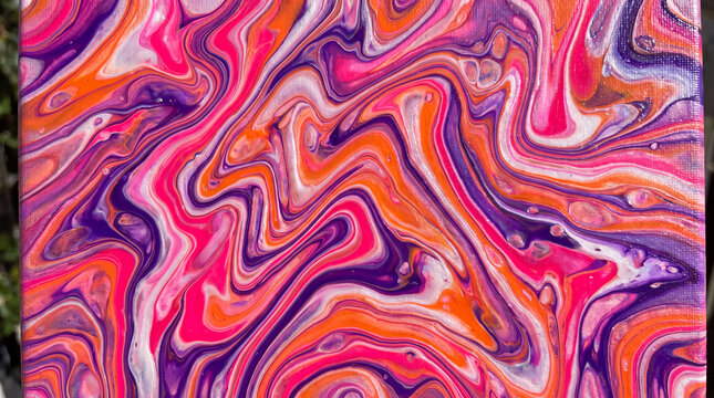 Vibrant Fluid Art: An abstract masterpiece showcasing a mesmerizing blend of vibrant pinks, oranges, and purples, created using fluid pouring techniques, resulting in organic, swirling patterns.