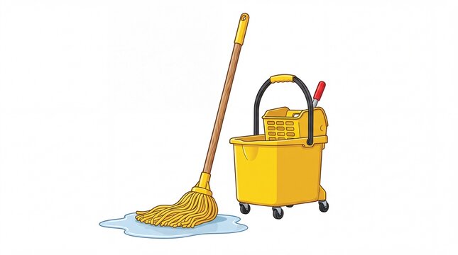 Yellow mop and plastic cleaning bucket standing together beside a puddle of water on white background