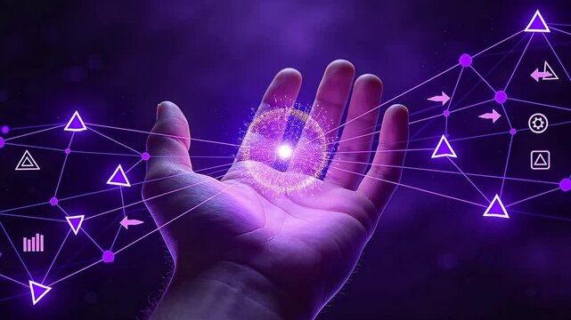 Glowing purple particles and network nodes hovering over open hand