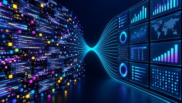 Chaotic raw digital data blocks transforming into structured analytics dashboards through central network node illustrating big data processing system