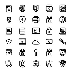 Fototapeta premium Security icons set featuring various black line symbols for data protection and cyber safety on a transparent background.