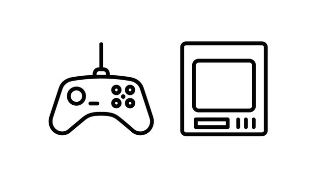 Black outline vector icon set representing gaming controller and retro console display screen with gamepad icon video game controller entertainment