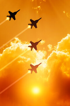 Air Force Day. Aircraft silhouettes on background of sunset. Combat flight of interceptors on a mission. Vertical poster.