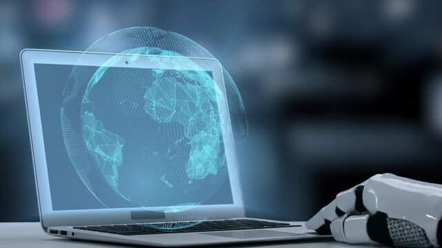 A robotic hand touches a laptop showcasing a cloud computing graphic, emphasizing modern technology and data management in a sleek office setting. Salient