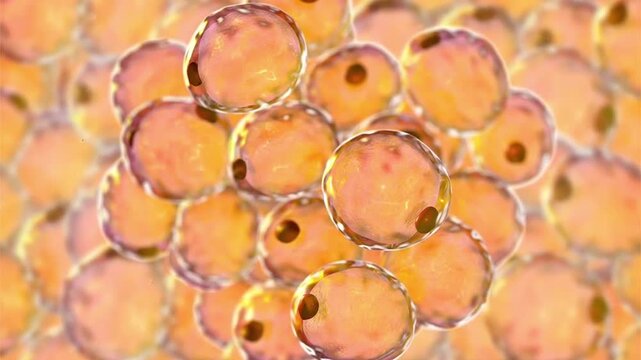 Adipocytes, 3D animation of fat cells with large lipid droplets and peripheral nuclei in adipose tissue.