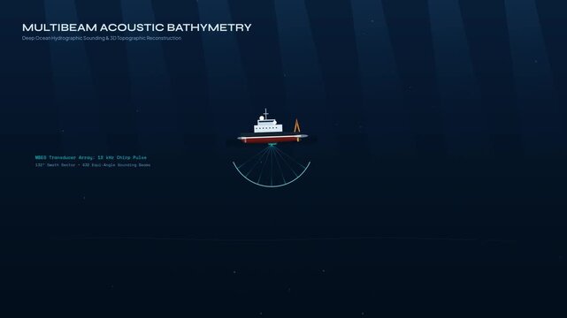 Multibeam acoustic bathymetry animation showing a research vessel mapping the deep ocean floor, revealing a subduction trench, volcanic seamount, and historic abyssal shipwreck in 3D topography