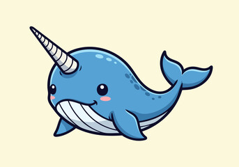 Cute cartoon narwhal with a smiling face and horn © sigar