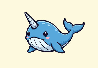Cute cartoon narwhal with smiling face and spiral tusk © sigar