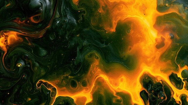 An overhead view captures swirling colors of deep forest green and vivid orange, showcasing bold contrasts in texture and form.
