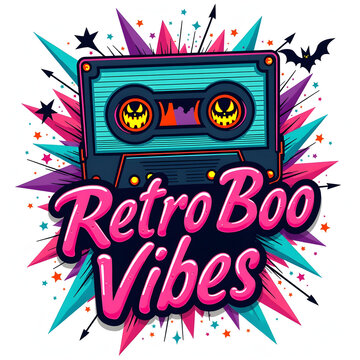 70s-inspired graphic featuring a stylized cassette tape with orange jack-o-lantern eyes