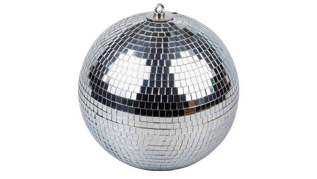 Shiny metallic silver faceted mirror disco ball decoration isolated on transparent background.