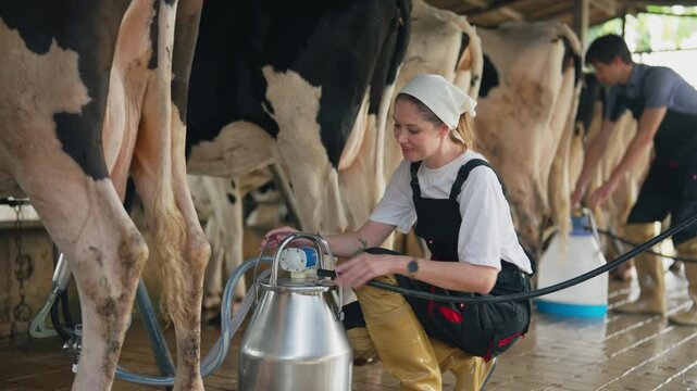 Caucasian female dairy farmer milking a cow using modern milking machine in cowshed. 