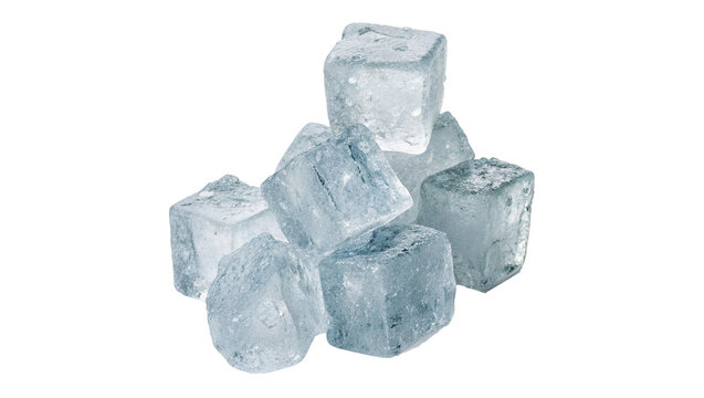cold translucent frozen melting water ice cubes isolated on transparent background.