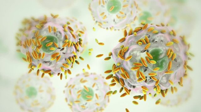 Clue cells, 3D animation of squamous epithelial cells coated with Gardnerella bacteria, associated with bacterial vaginosis.