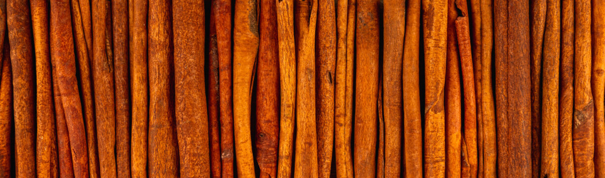 Cinnamon sticks lined up close together as background. background and textures.