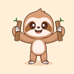 Fototapeta premium Cute Sloth Holding Wood Branch Tree Cartoon 