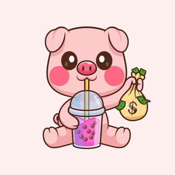 Cute Pig Drinking Boba Milk Tea With Money Bag Cartoon 